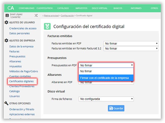 Configuración del certificado digital.