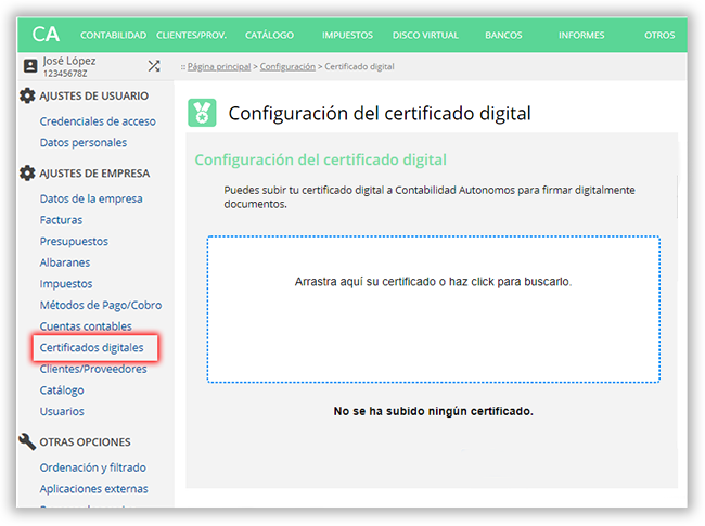 Configuración del certificado digital.